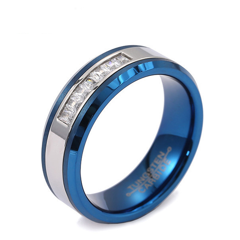 Fedi nuziali da uomo Hotsale 8mm con bordi piatti e smussati Anello in tungsteno blu e argento con 7 pietre bianche CZ Cina Produttore