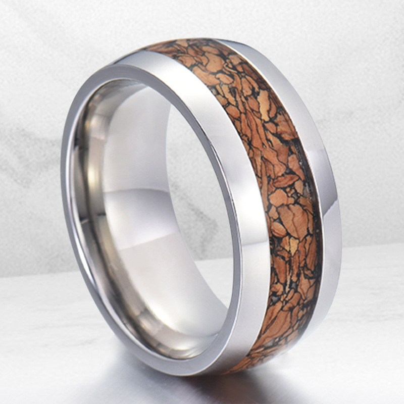 Wholesale Unisex Men's or Women's 8mm High Polished Domed Tungsten Carbide Ring with Printmaking Wood Inlay China Manufacturer
