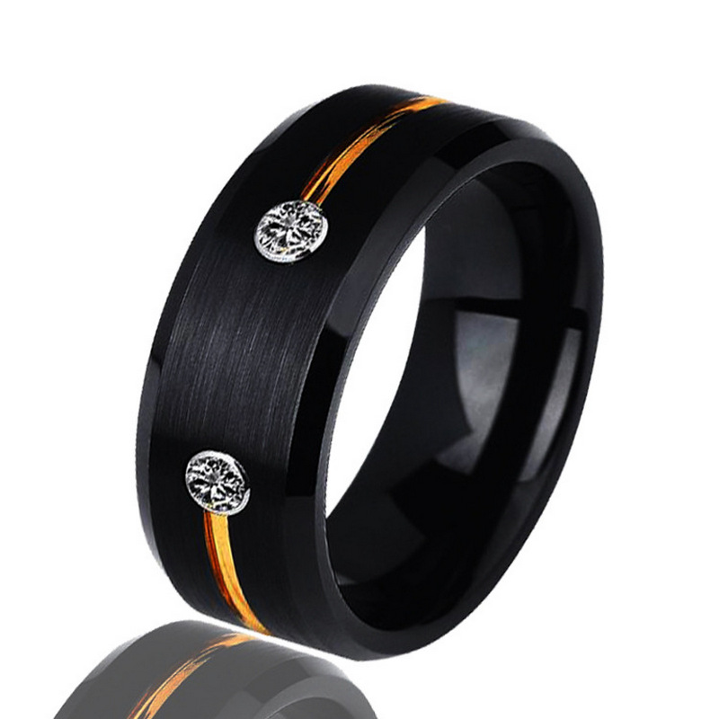 Einzigartige 8-mm-Eheringe für Herren mit flachen und abgeschrägten Kanten, schwarz gebürsteter Wolframring mit Goldrille und 2 weißen CZ-Steinen. China Hersteller