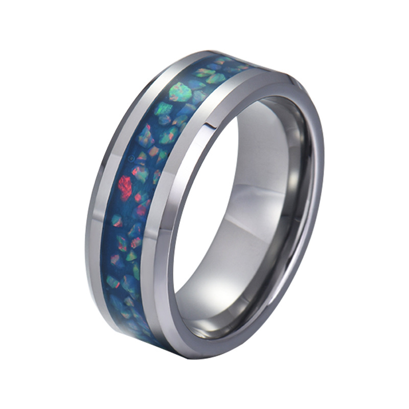 Großhandel Unisex Herren oder Damen 8 mm hochglanzpoliert Herren Wolfram Eheringe flache und abgeschrägte Kanten Wolframcarbid Ring mit blauer Opaleinlage China Hersteller