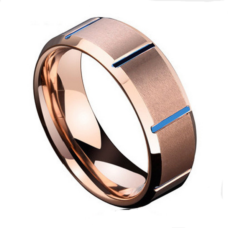 Hot sales two tone Rose Gold and Blue Beveled and Grooved Tungsten Carbide Ring Two Toned Men's Wedding Bands China Manufacturer