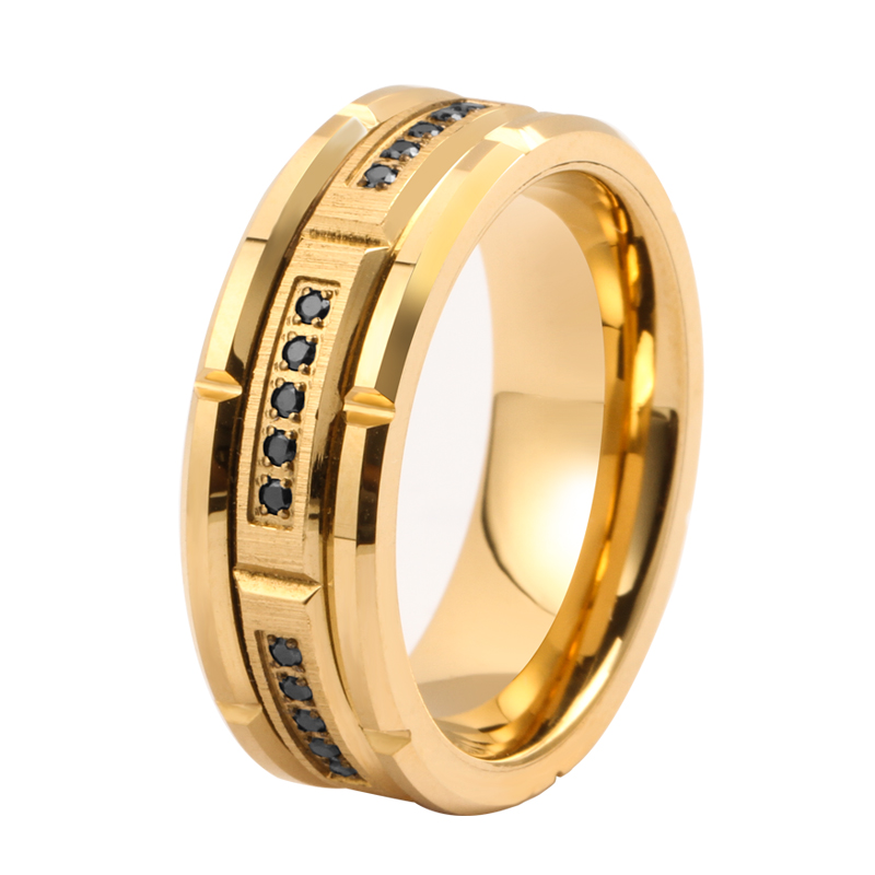 Popular China Bandas de boda para hombres con ranuras de ladrillo de 8 mm Bordes planos y biselados Anillo de tungsteno dorado con ranuras de ladrillo con incrustaciones de piedras CZ negras Fabricantes