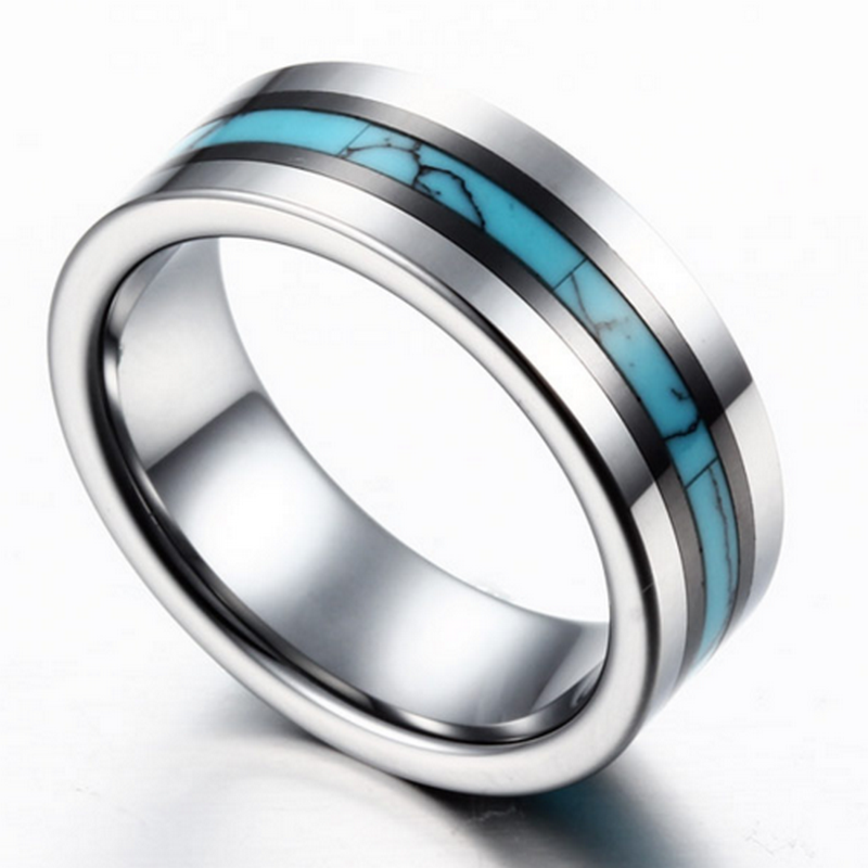 Chine Bandes de mariage populaires en tungstène pour hommes de 8 mm Bague en carbure de tungstène hautement poli avec incrustation en céramique noire et turquoise broyée Fabricants