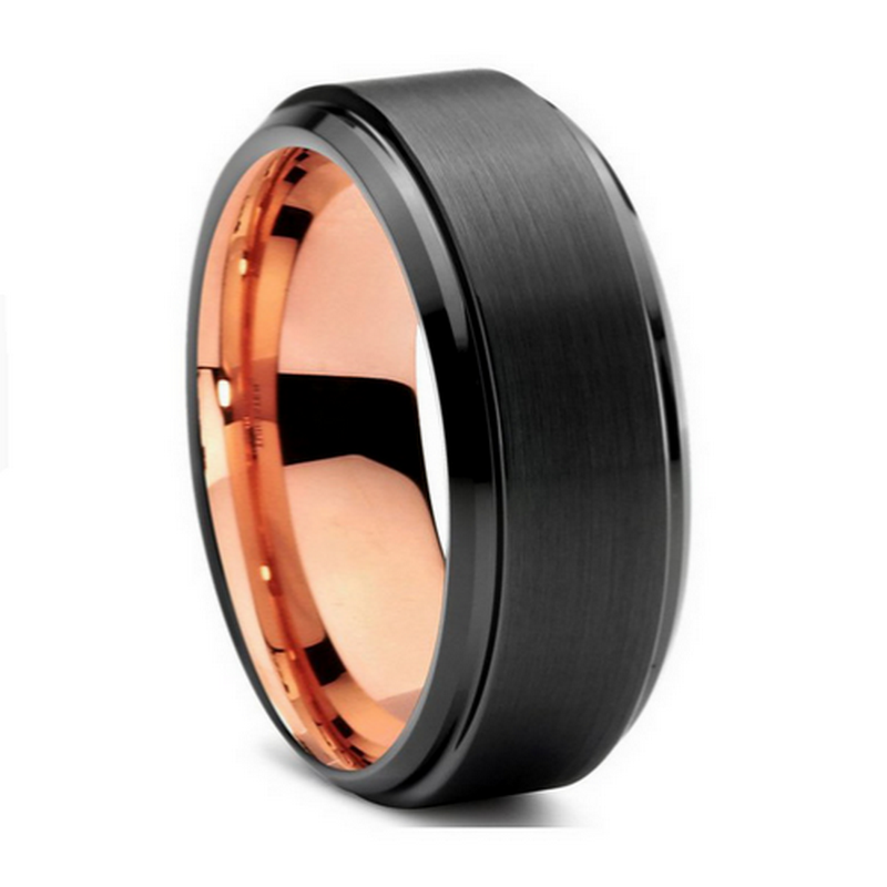 Chine Anneau unique en carbure de tungstène à deux tons de 8 mm Bords biseautés plats Anneau en carbure de tungstène noir et or rose brossé Fabricants