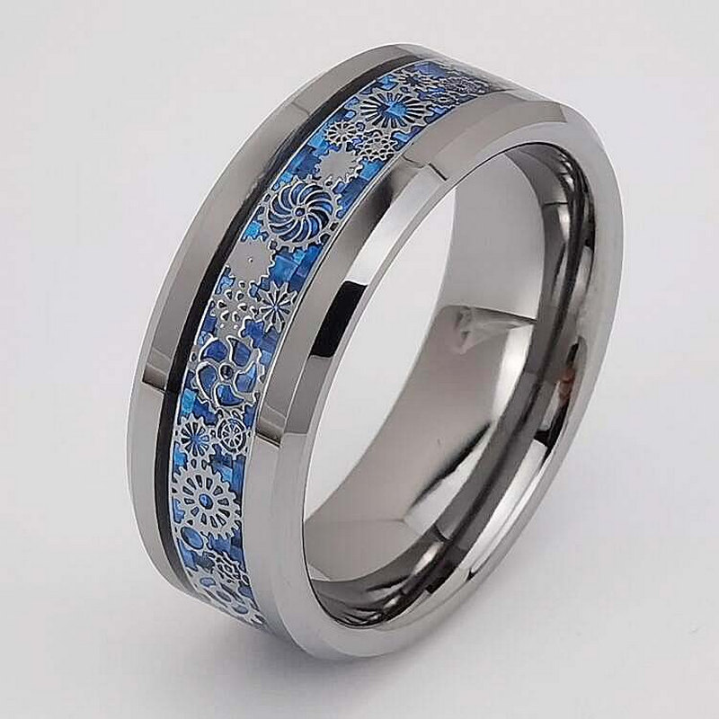 Wolfram-Ring auf Lager Beliebter 8 mm flacher, hochglanzpolierter Wolframkarbid-Ring für Herren aus satinierter dunkelblauer Kohlefaser und silberner Zahnradeinlage China-Hersteller