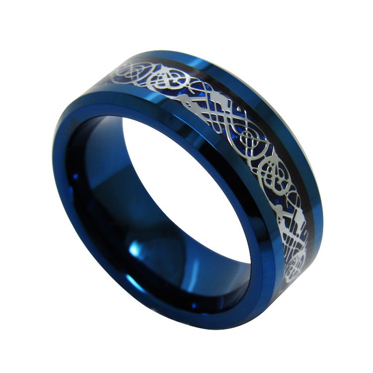 Wolframring auf Lager Beliebter 8 mm hochglanzpolierter blauer Überzug für Männer mit flachen abgeschrägten Kanten Wolframkarbidring mit silbernem Drachen und blauer Kohlefasereinlage China Hersteller