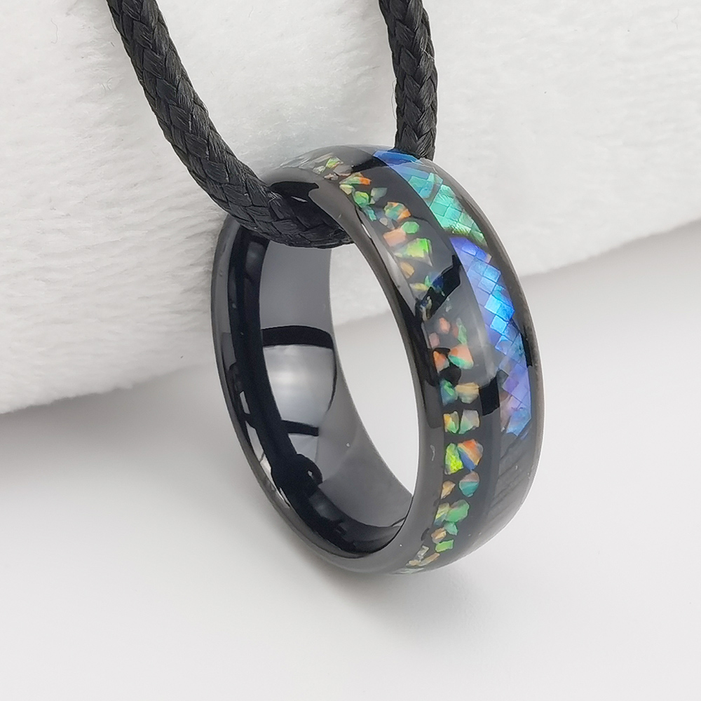 Anneau de tungstène en stock Anneau de tungstène noir bombé poli de 8 mm avec incrustation de coquille d'opale et d'ablone Fournisseur de la Chine