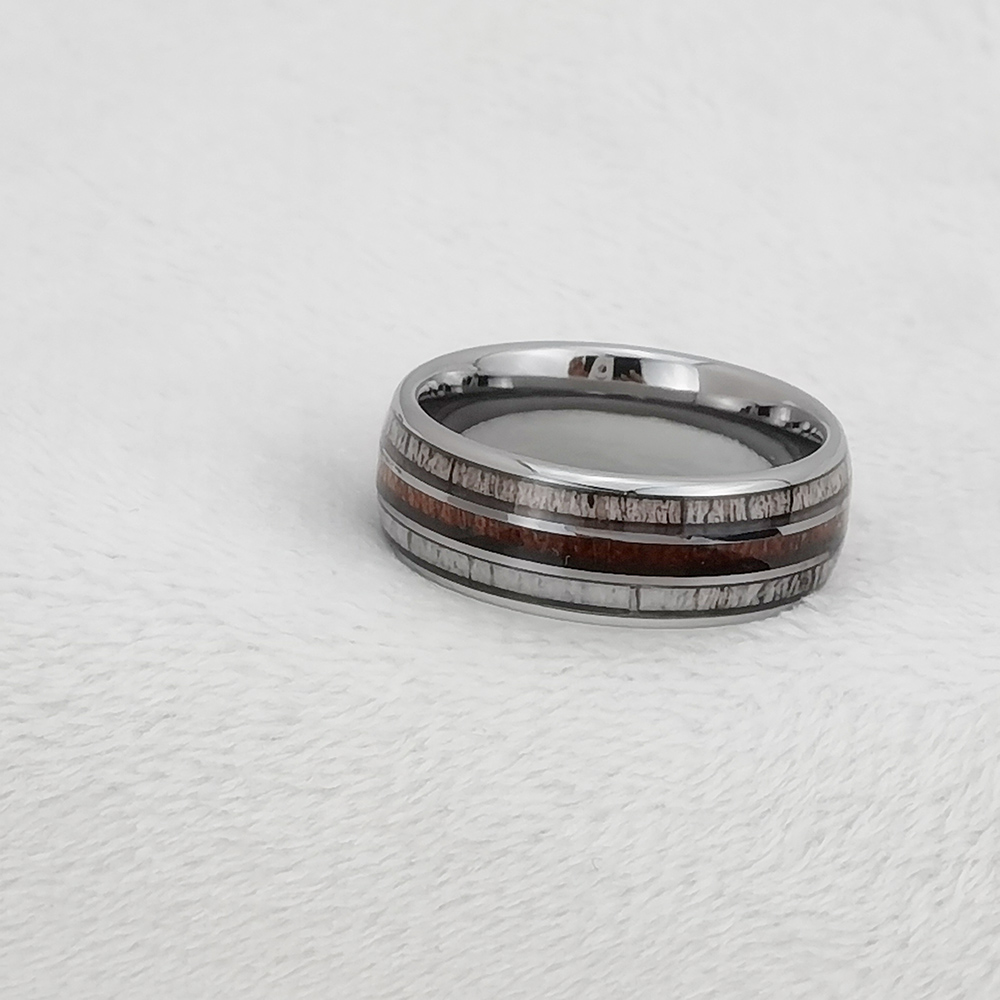 Low MOQ Tungsten Ring in Stock Popular 8mm High polished Domed Tungsten Wedding Bands with Wood and Antler Inlay China Supplier