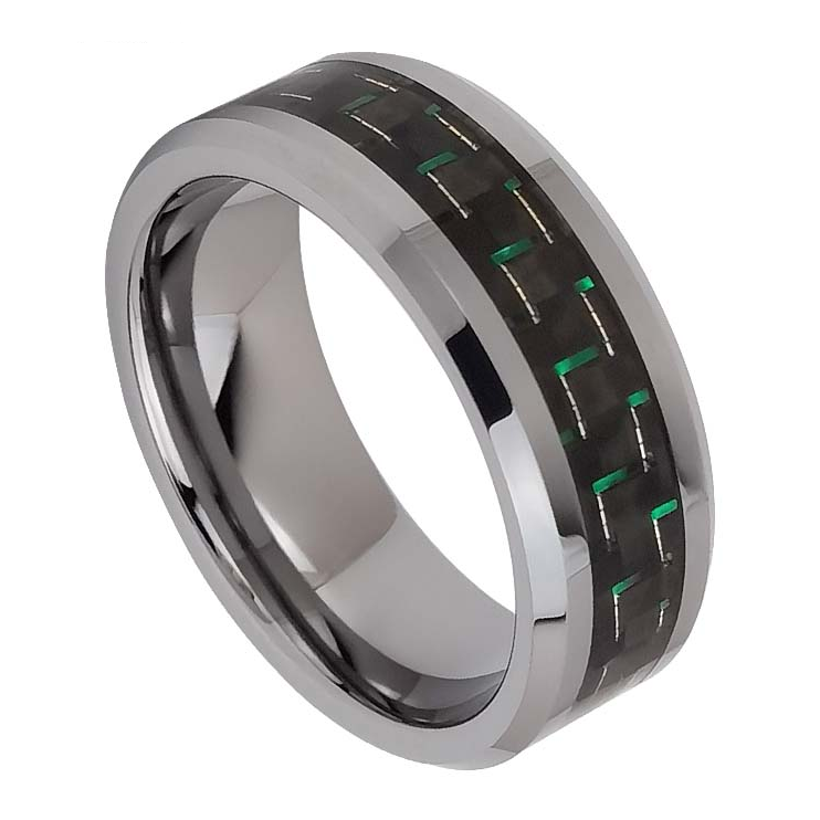Wolfram-Ring auf Lager Beliebter 8 mm hochglanzpolierter Silber-Herren-Wolframcarbid-Ring mit flachen, abgeschrägten Kanten und schwarzer und grüner Kohlefaser-Einlage China-Hersteller