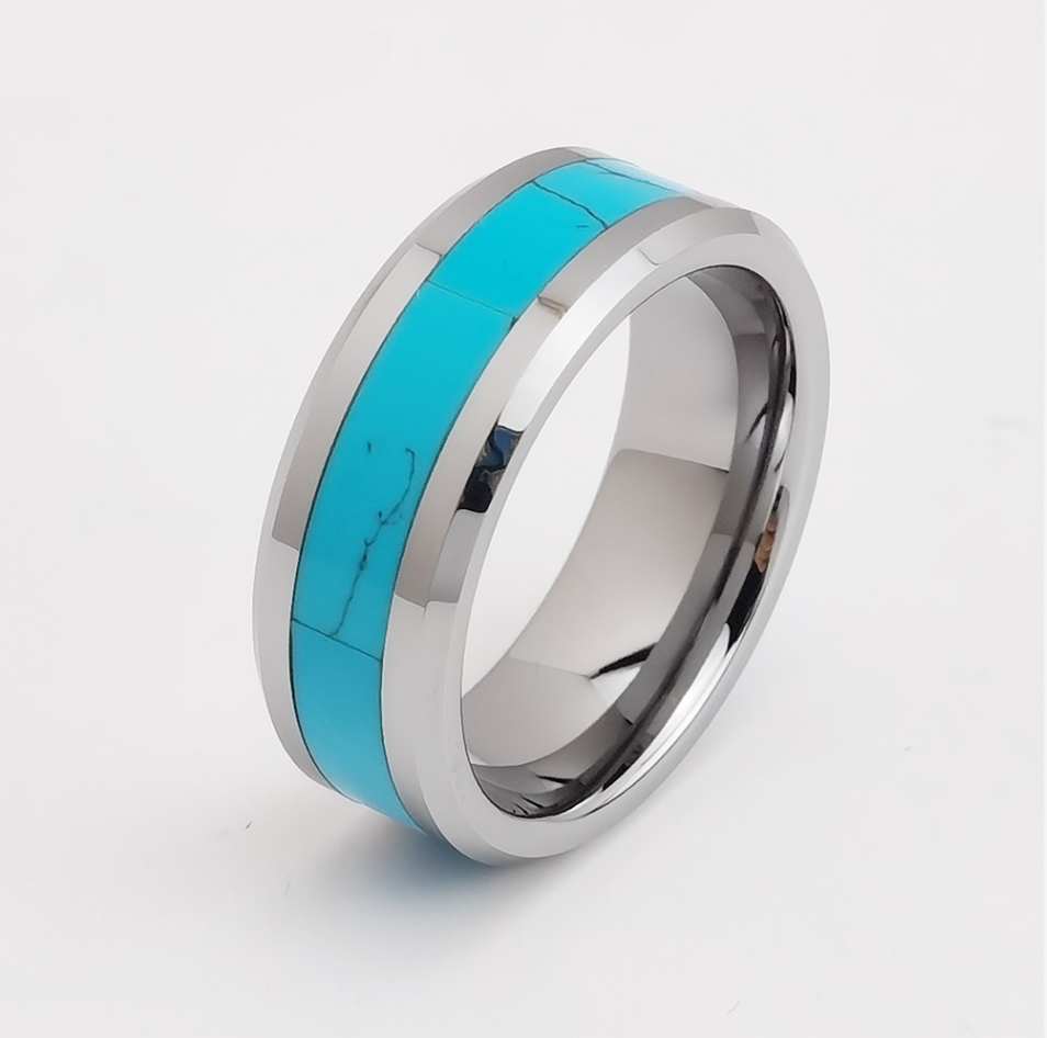 Anillo de tungsteno en stock Popular anillo de carburo de tungsteno con bordes biselados planos de plata de alto pulido de 8 mm para hombres con incrustaciones de turquesa Fabricantes