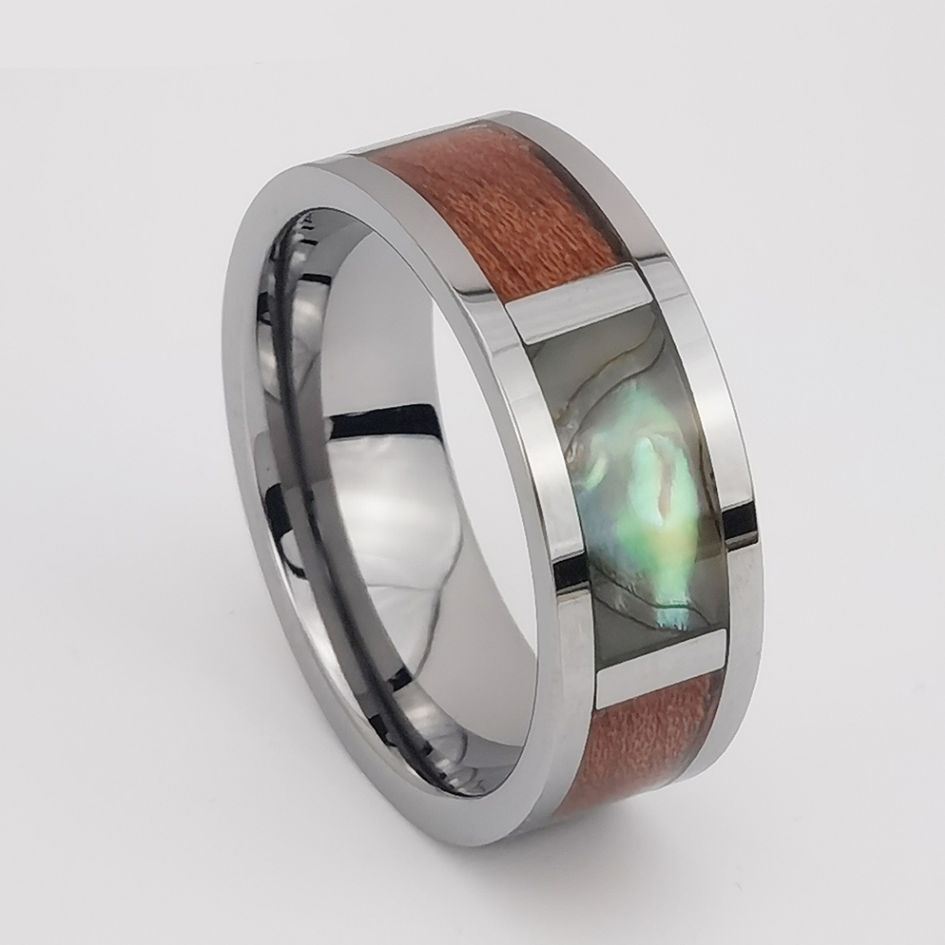 Anello di tungsteno in stock Anello da uomo in carburo di tungsteno piatto da uomo in argento lucido da 8 mm con conchiglia e intarsio in legno Fornitore della Cina
