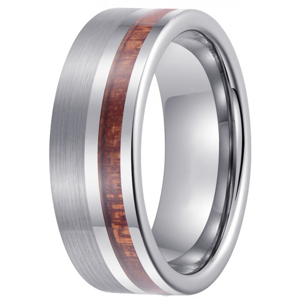 Anello di tungsteno in stock Popolare Anello in carburo di tungsteno piatto da uomo in argento lucido e spazzolato da 8 mm con intarsio in legno Fornitore della Cina