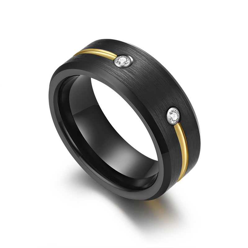 His and Hers Matching Tungsten Carbide Rings 8mm Tungsten Couple Rings Flat and beveled Edges Brushed Black Tungsten Carbide Ring with half circle of gold line with two white CZ stones China Manufacturer