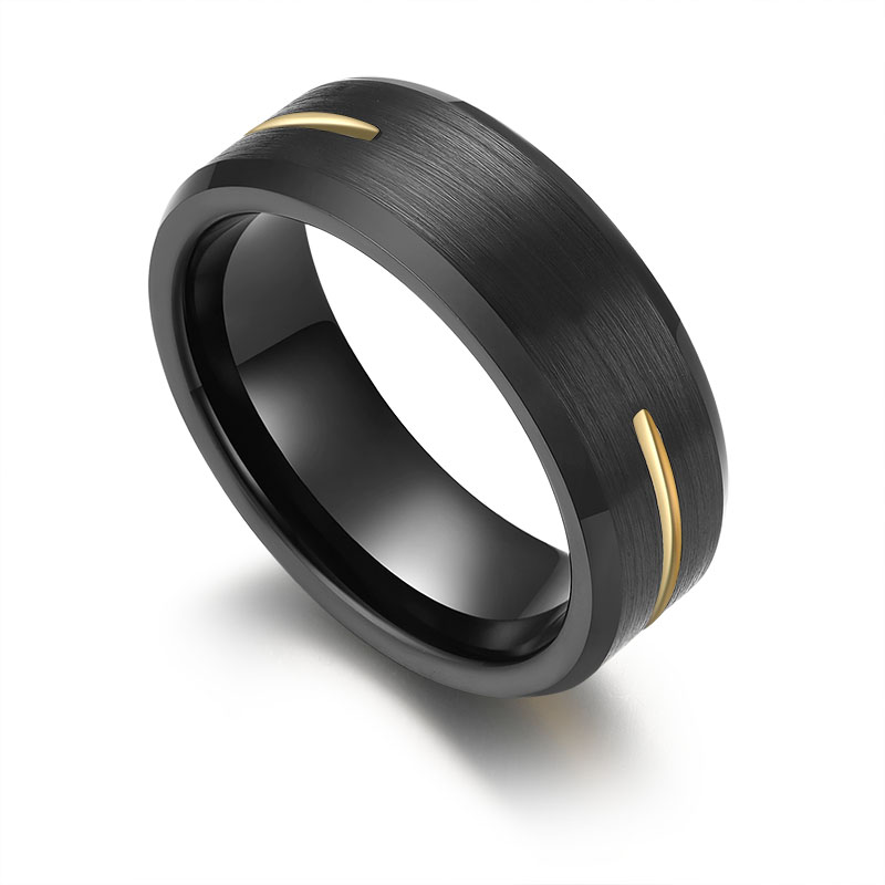 His and Hers Matching Tungsten Carbide Rings 8mm Tungsten Couple Rings Flat and beveled Edges Brushed Black Tungsten Carbide Ring with half circle of gold line with two white CZ stones China Manufacturer