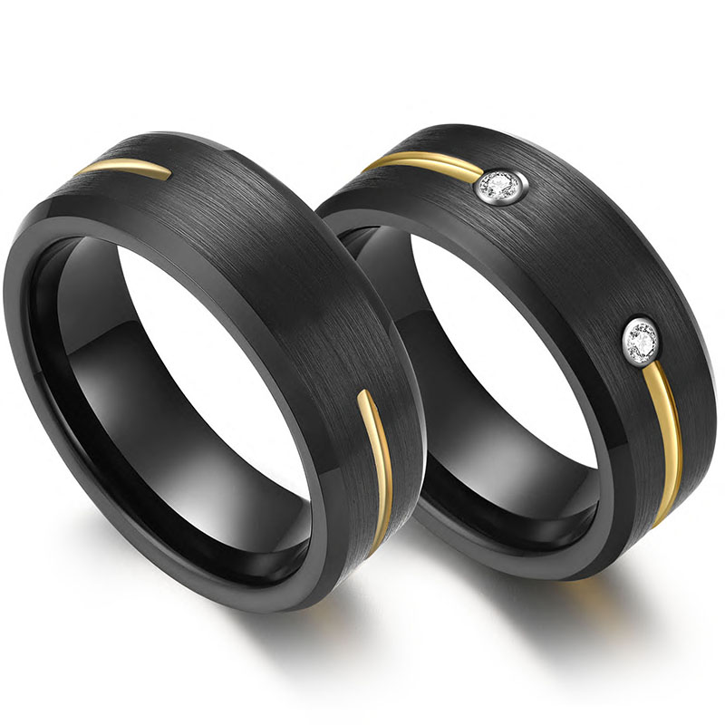 His and Hers Matching Tungsten Carbide Rings 8mm Tungsten Couple Rings Flat and beveled Edges Brushed Black Tungsten Carbide Ring with half circle of gold line with two white CZ stones China Manufacturer