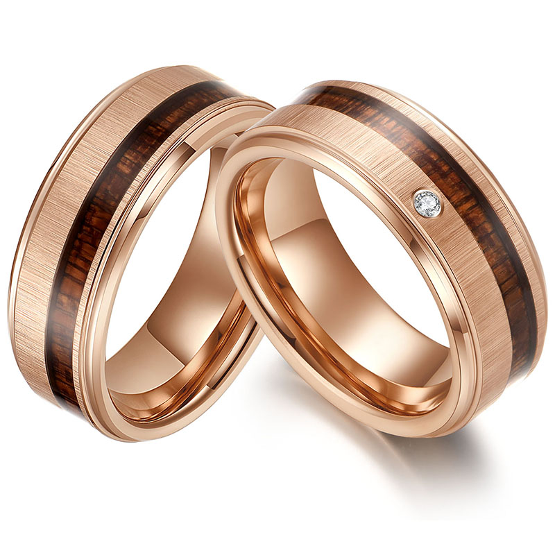His and Hers Matching Tungsten Carbide Rings 8mm Rose Gold Cross Brushed Tungsten Carbide Ring with Wood and White CZ Stone China Supplier