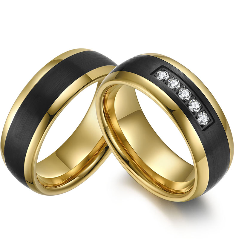 His and Hers Matching Tungsten Carbide Rings 8mm Tungsten Couple Rings Domed Gold and Black Tungsten Carbide Ring with White CZ Stones China Manufacturer