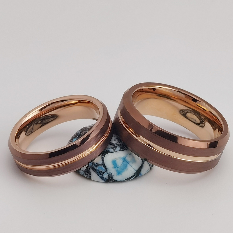 Tungsten Ring in Stock Popular 8mm High polished and Brushed Flat and Beveled Edges Coffee and Rose Gold Tungsten Carbide Ring China Manufacturer