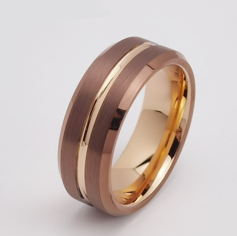 Anello di tungsteno in stock Popolare 8mm Alto lucido e spazzolato Bordi piatti e smussati Anello in carburo di tungsteno in oro rosa e caffè Produttore cinese