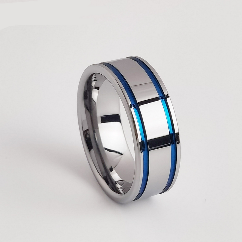 Wolframring auf Lager Beliebter 8 mm hochglanzpolierter Wolframcarbidring mit zwei blauen Linien Hersteller aus China