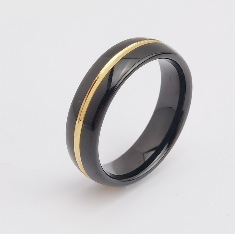 Wolframring auf Lager Beliebter 6 mm und 8 mm hochglanzpolierter gewölbter schwarzer Wolframkarbidring mit Gold Line China Hersteller