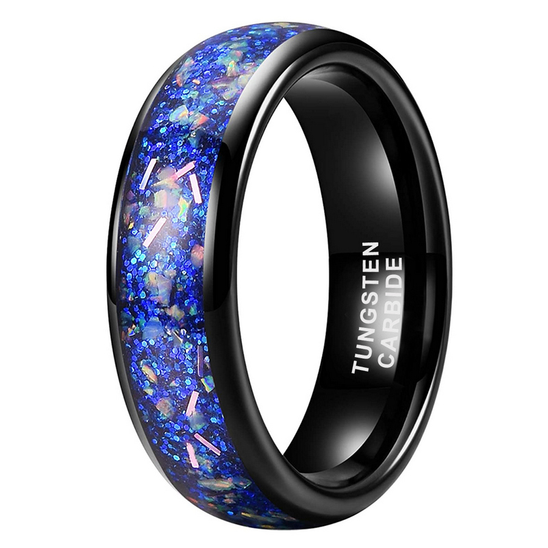 Cina Design unico moderno Design unico Anello in tungsteno Galaxy da 8 mm Fedi nuziali in tungsteno da uomo lucidate Fedi nuziali in carburo di tungsteno nero con pietra arenaria blu e intarsio opale Cina Produttore