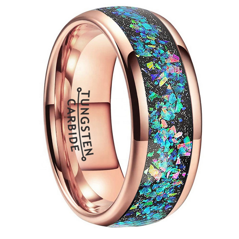 Modern Unique Designs 8mm Galaxy Tungsten Ring High Polished Men's Tungsten Wedding Bands Rose Gold Tungsten Carbide Wedding Bands with Black Sandstone and Opal Inlay China Manufacturer
