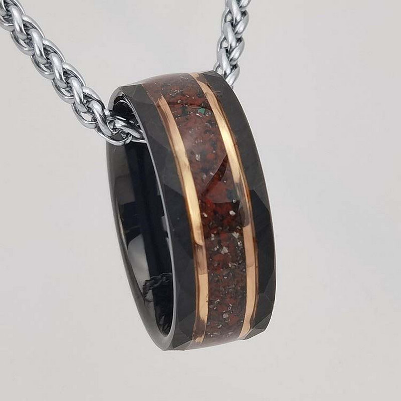 Alianzas de boda para hombre de alta calidad y asequibles Anillo de carburo de tungsteno de oro rosa y negro plano y martillado de 8 mm con piedra arenisca negra y malaquita de piedras preciosas y incrustaciones de ojo de tigre Fabricante de China