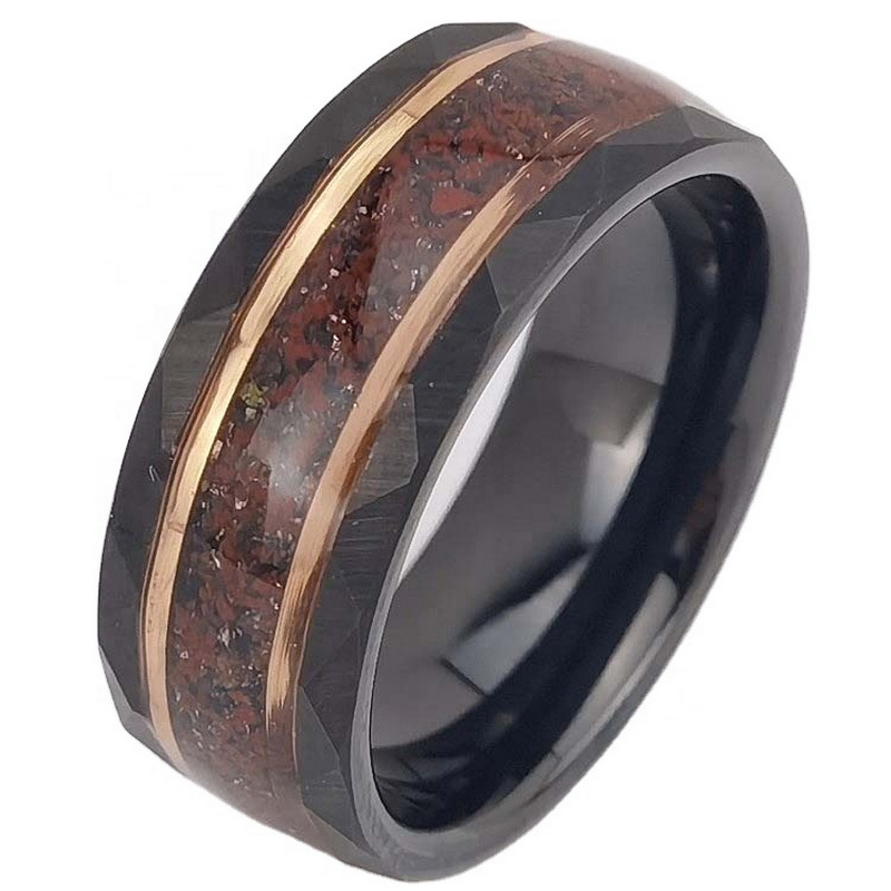 Hochwertige und erschwingliche Eheringe für Herren 8 mm flacher und gehämmerter Schwarz- und Roségold-Wolframcarbid-Ring mit schwarzem Sandstein und Edelstein-Malachit und Tigerauge-Inlay China Hersteller