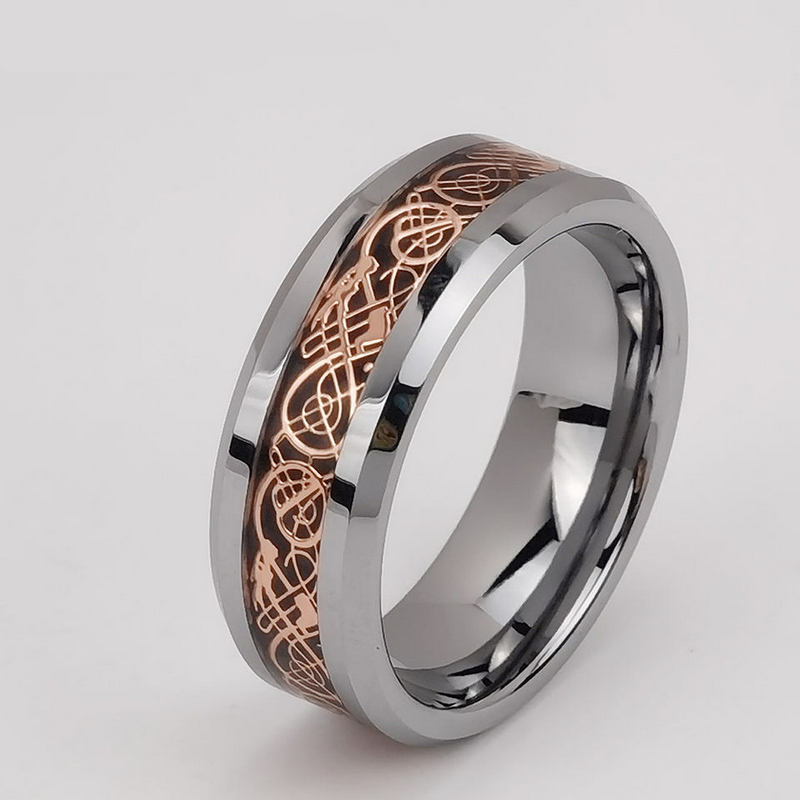 Wolframring auf Lager Beliebte 8 mm hochglanzpolierte Wolframcarbid-Ringeinlage mit flachen und abgeschrägten Kanten mit roségoldenem Drachen und schwarzem Hintergrund Hersteller aus China