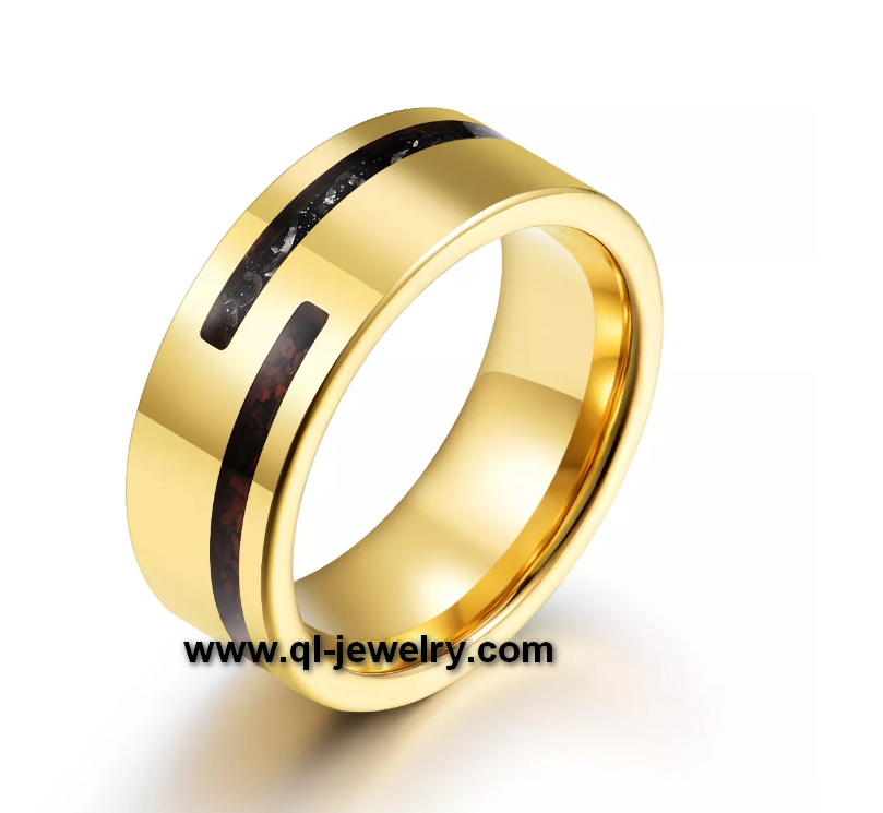 Lebenslange Garantie Wolframcarbid-Eheringe 8 mm flacher Gold-Wolframcarbid-Ring mit imitiertem Meteorit und zerkleinertem Dinosaurier-Knochen-Inlay China Hersteller