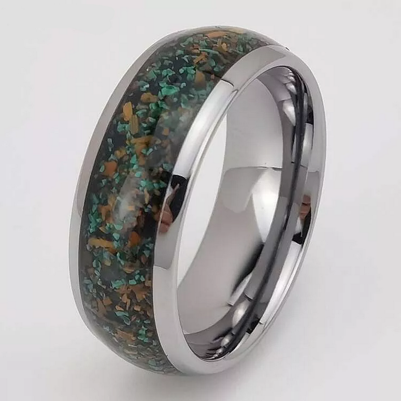Unique And Affordable Tungsten Weddings Bands 8mm Domed Tungsten Carbide Ring with Gemstone Broken Malachite and Tiger's-eye inlay China Manufacturer