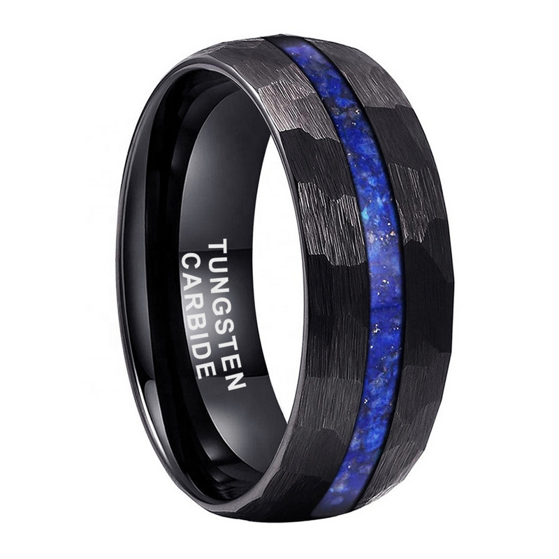 Unique And Affordable Tungsten Weddings Bands 8mm Domed and Hammered Black Tungsten Carbide Ring with Crushed Lapis inlay China Manufacturer