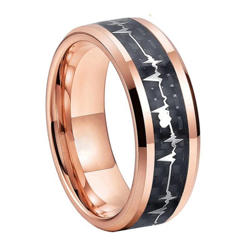 Hochwertige und erschwingliche Herren-Eheringe 8 mm flache und abgeschrägte Kanten Wolframring aus Roségold mit schwarzer Kohlefaser und Heartbeat-Inlay Hersteller aus China