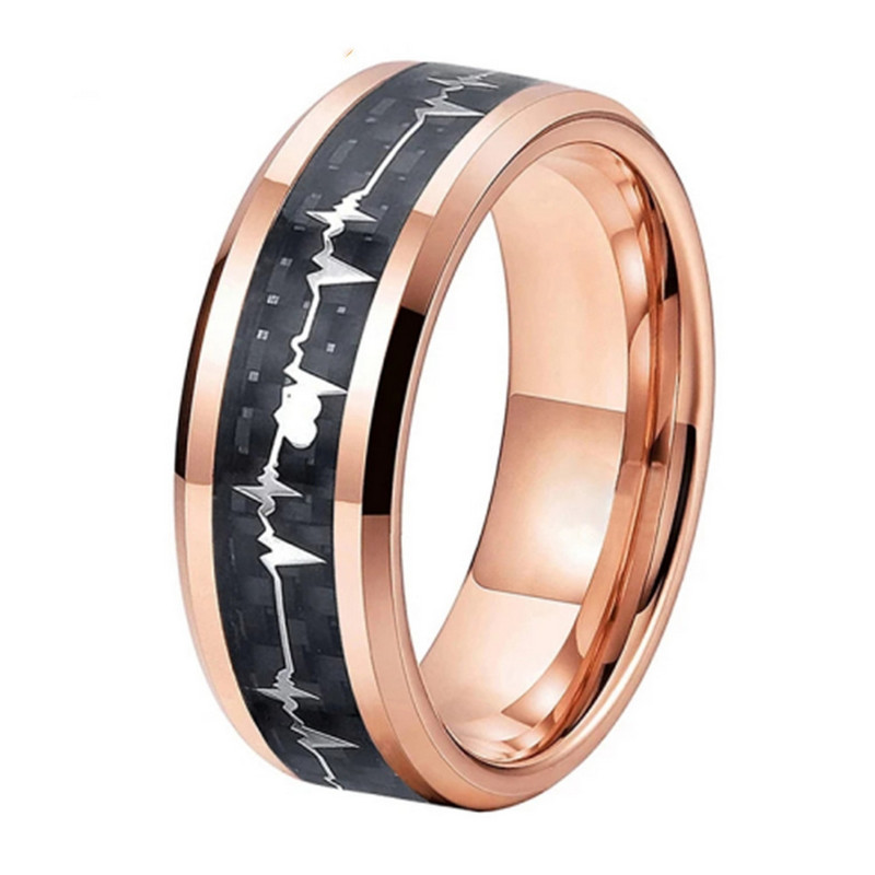 High Quality and Affordable Mens Wedding Bands 8mm Flat and Beveled Edges Rose Gold Tungsten Ring with Black Carbon Fiber and Heartbeat Inlay China Manufacturer