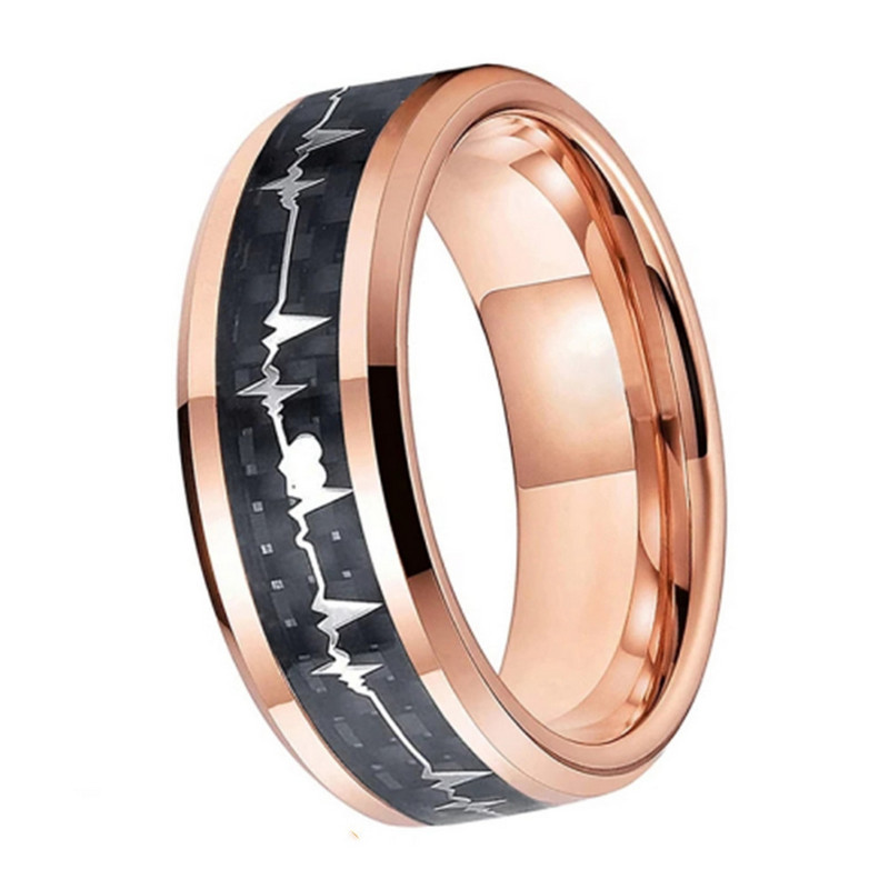 High Quality and Affordable Mens Wedding Bands 8mm Flat and Beveled Edges Rose Gold Tungsten Ring with Black Carbon Fiber and Heartbeat Inlay China Manufacturer