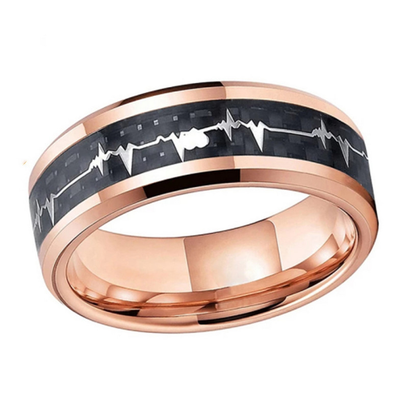 High Quality and Affordable Mens Wedding Bands 8mm Flat and Beveled Edges Rose Gold Tungsten Ring with Black Carbon Fiber and Heartbeat Inlay China Manufacturer