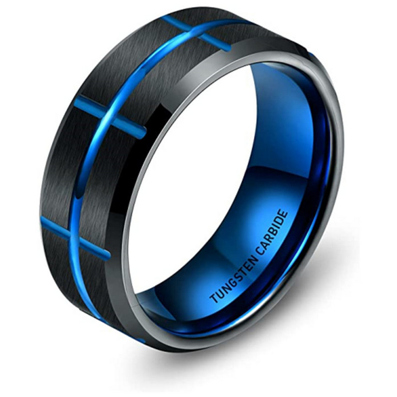Luxuriöser und einzigartiger zweifarbiger Wolframkarbidring 8 mm flache und abgeschrägte Kanten gebürsteter gerillter schwarzer und blauer Wolframkarbidring China Hersteller