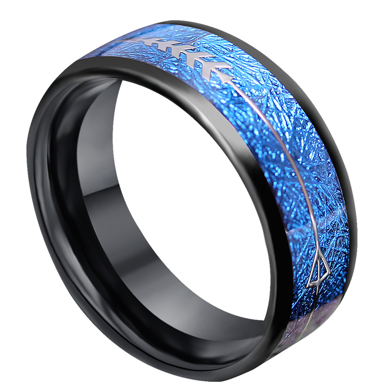 Luxury & Unique Design Mens Wedding Bands 8mm Black Tungsten Carbide Ring with Blue Imitate Meteorite &Arrow Inlay China Manufacturer