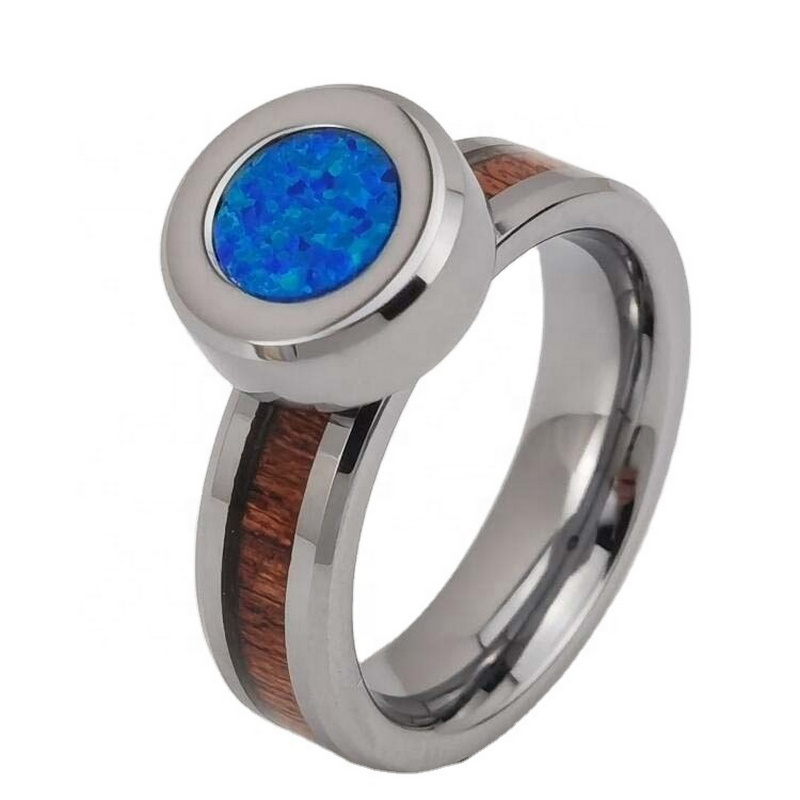 Chine Bandes de mariage pour hommes de conception la plus récente 6mm bords plats et biseautés Anneau en carbure de tungstène Spinner avec incrustation de bois et d'opale Anneaux à main de décompression magnétique Fabricants