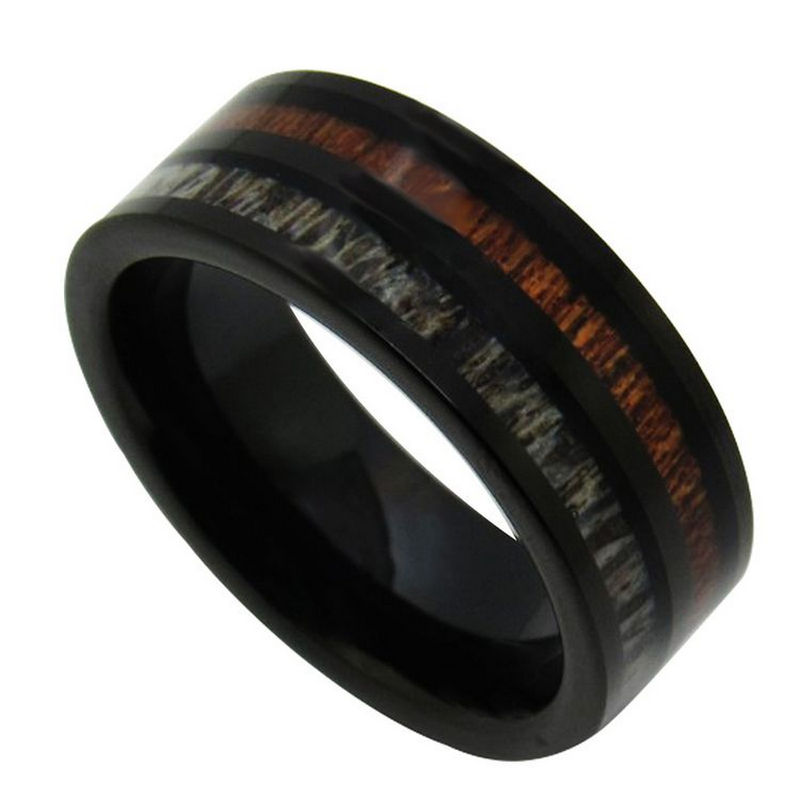 Вольфрамовое кольцо на складе 8 мм полированное плоское черное кольцо из карбида вольфрама с инкрустацией из дерева и рога оленя и красного дерева Китай Производитель