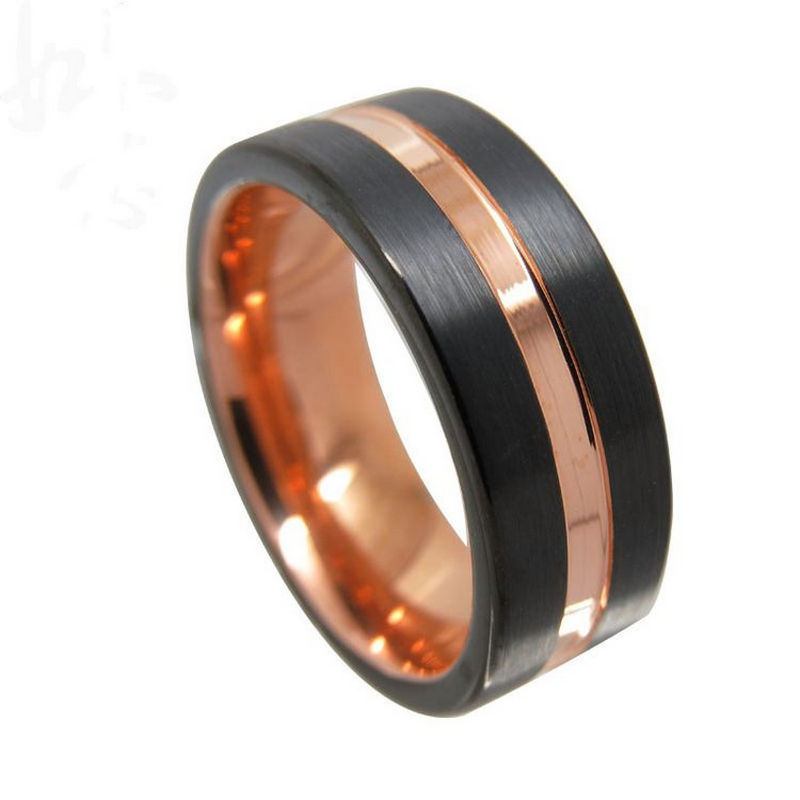 Wolframring auf Lager Hohe Qualität und erschwingliche zweifarbige Wolfram-Eheringe Gebürsteter schwarzer Wolframcarbidring mit Rose Gold Channel China Hersteller