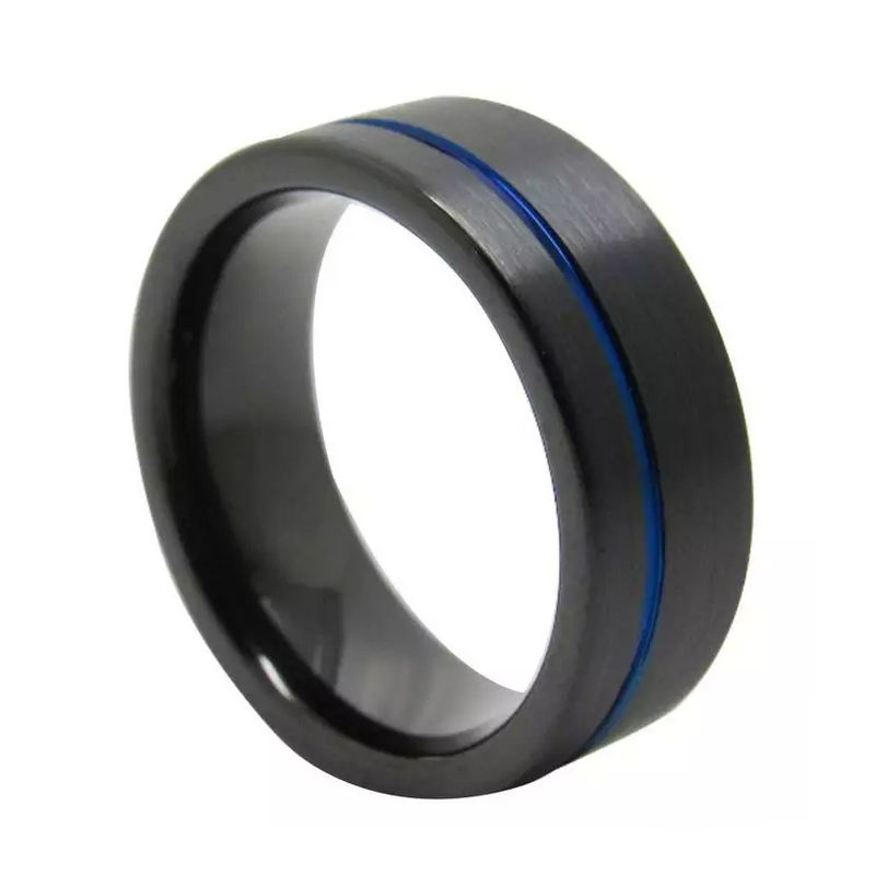 Tungsten Ring in Stock High Quality and Affordable Flat Men's Black Tungsten Carbide Ring with Blue Line on the Side China Manufacturer