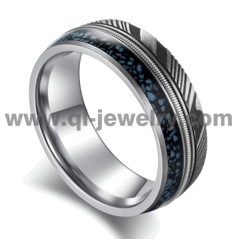 Affordable and Unique Damascus Steel Wedding Bands Damascus Steel and Tungsten Ring with Turquoise and Guitar String Inlay China Manufacturer