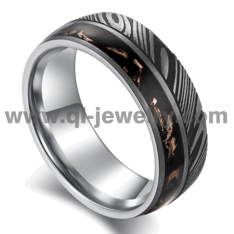 Perfect Unique Damascus Steel Wedding Bands Damascus Steel and Tungsten Ring with Black Resin and Foil Inlay China Manufacturer