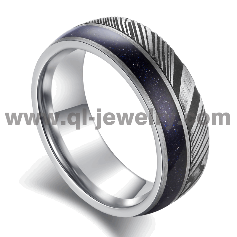 Affordable and Unique Damascus Steel Wedding Bands Damascus Steel and Tungsten Ring with Blue Sandstone Inlay China Manufacturer
