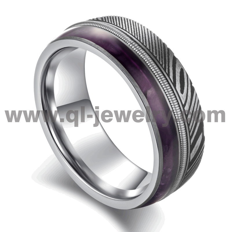 Erschwingliche und einzigartige Eheringe aus Damaststahl Damaststahl und Wolframring mit Amethyst und Gitarrensaiteneinlage China Hersteller