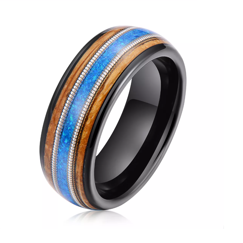 High Quality and Affordable Black Tungste Wedding Bands Inlaid with Whisky Barrel Wood and Blue Opal and Guitar String China Manufacturer