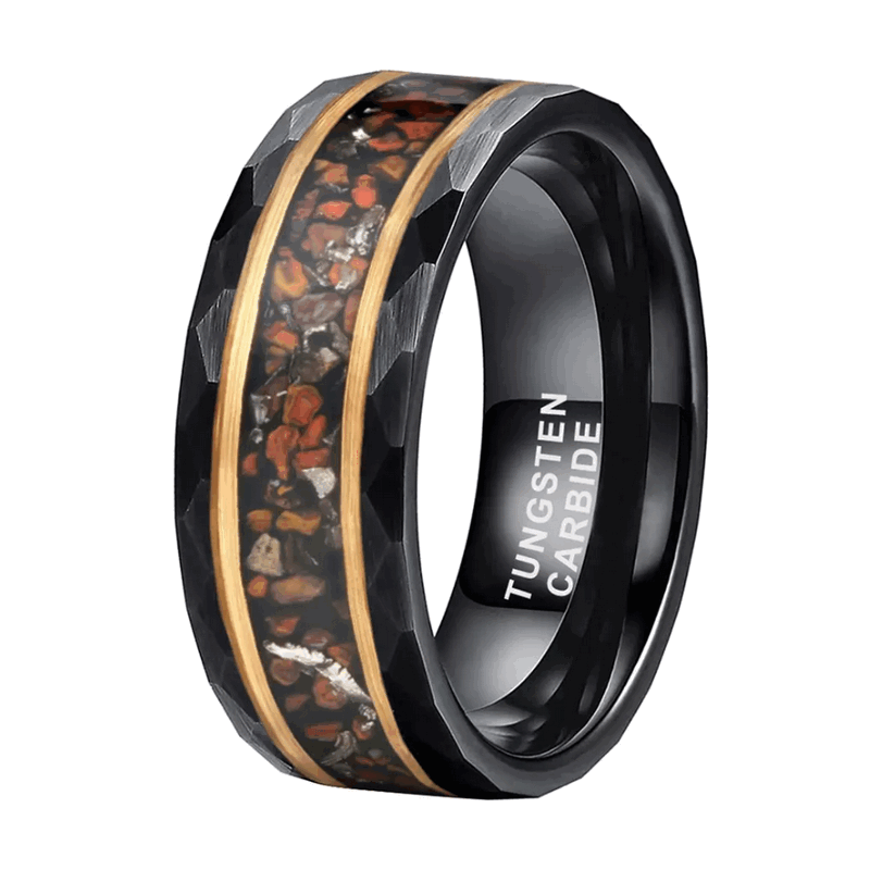 QL Jewelry Hochwertige Eheringe aus gehämmertem Wolfram in Schwarz- und Roségold, eingelegt mit Dinosaurier-Knochensplittern, chinesischer Hersteller