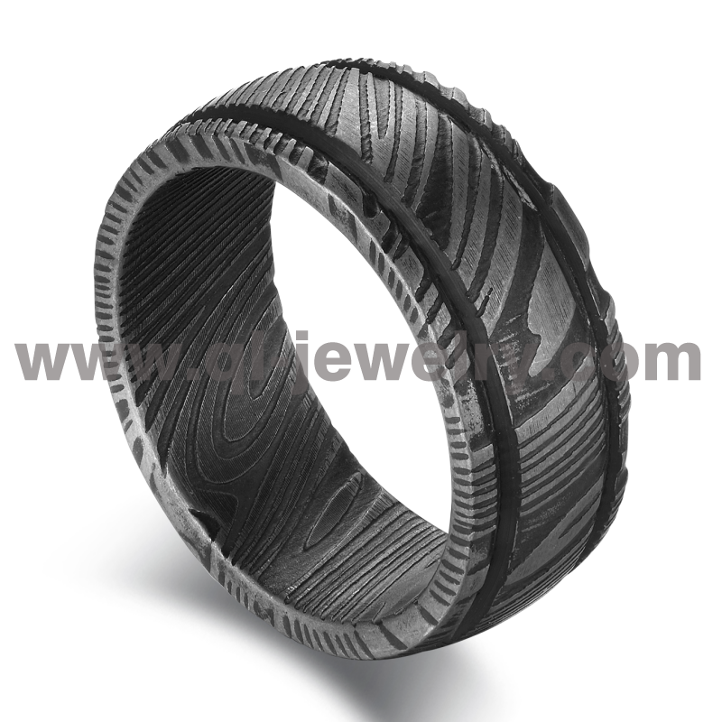 Cina Fedi nuziali da uomo economiche e uniche Fedi nuziali in acciaio damasco nero Anello damasco nero a cupola con due linee Produttori cinesi